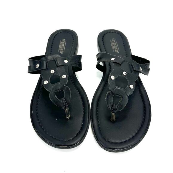 Seychelles Flat Sandal Size 9 Black Leather Thong-Toe T-Strap Flip Flop Padded - Picture 4 of 9